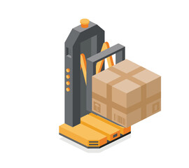 Isometric autonomous robot forklift lifting cardboard box. Automated warehouse logistics and smart industry concept. Illustration. Object isolated on white background.