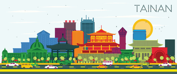 Tainan Taiwan City Skyline with color Buildings and Blue Sky. Illustration. Business Travel and Tourism Concept with Historic Architecture. Tainan Cityscape with Landmarks.