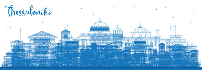 Outline Thessaloniki Greece City Skyline with Blue Buildings. Illustration. Business Travel and Tourism Concept with Historic and Modern Architecture. Thessaloniki Cityscape with Landmarks.