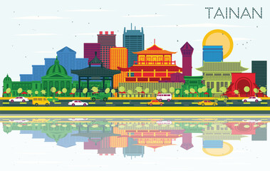 Tainan Taiwan City Skyline with color Buildings, Blue Sky and Reflections. Illustration. Business Travel and Tourism Concept with Historic Architecture. Tainan Cityscape with Landmarks.