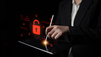 Digital security concept illustrating a cybersecurity breach, with a red unlocked padlock indicating data exposure among secure systems, emphasizing system vulnerability and risk Latch