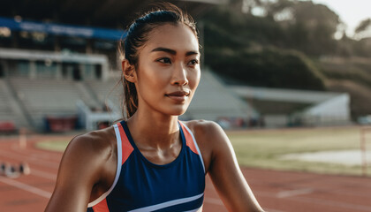 Female athlete resting on a running track during sunset.