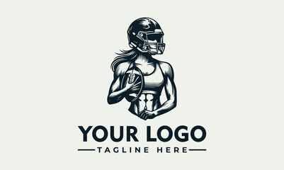 Vector logo of a female American football player holding a ball with a placeholder tagline on a clean background, conveying a strong sport vibe.