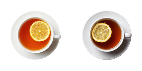 Top View of Fresh Lemon Slice on Cup of Herbal Tea Isolated on Transparent Background
