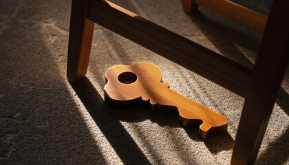 Wooden key-shaped object lying on a carpet under a chair shadow.
