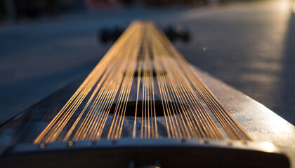 Close-up of a guitar stringed instrument laid on a wooden surface.