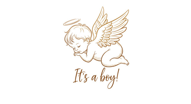 Sweet 'It's a boy!' baby announcement card featuring a delicate, hand-drawn sketch of a sleeping baby angel with a halo.