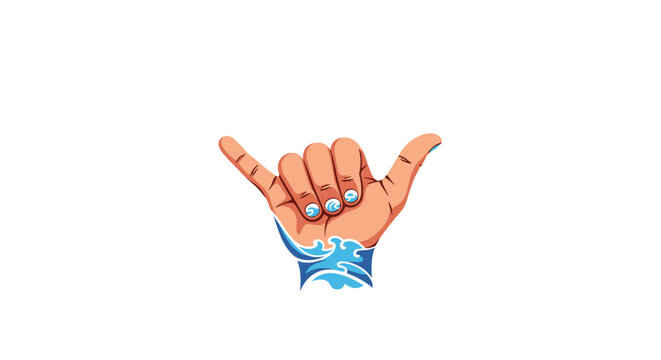 Cool illustration of a shaka hand sign with a blue wave tattoo on the wrist and water drops on the fingernails.