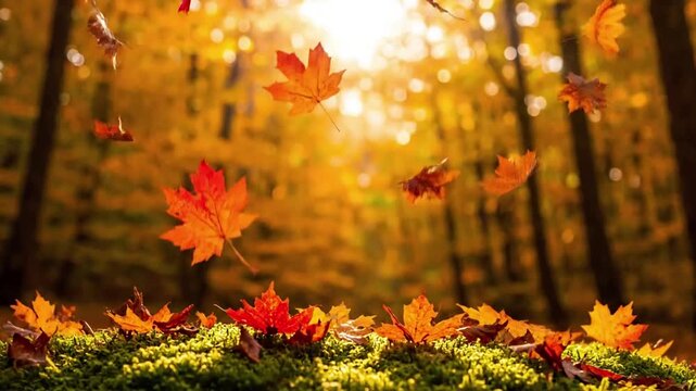 Ground Level Perspective falling leaves autumn A static shot from a low angle, showcasing autumn leaves continually falling and