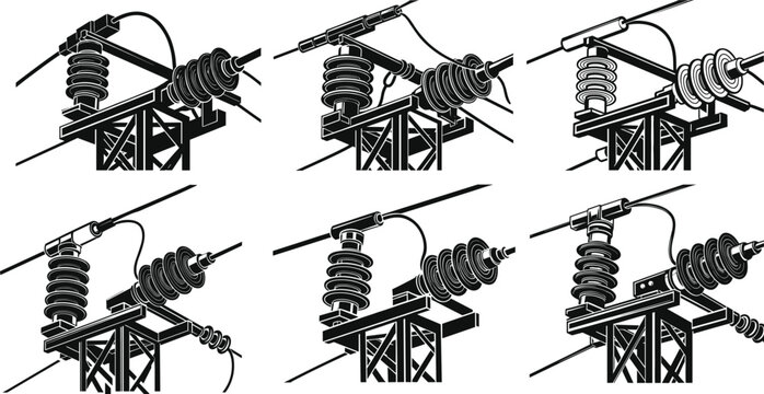 High voltage power line insulator vector set, detailed electrical equipment illustration, industrial energy infrastructure components, utility transmission system design