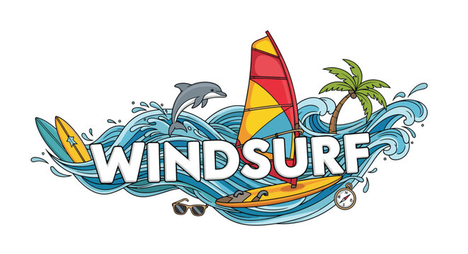 Dynamic 'Windsurf' lettering surrounded by cartoon illustrations of waves, a dolphin, a palm tree, and windsurfing gear.