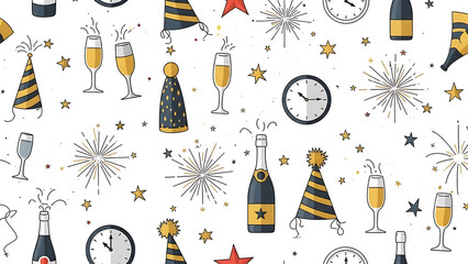 New Year Celebration Pattern with Champagne Bottles Clocks and Fireworks