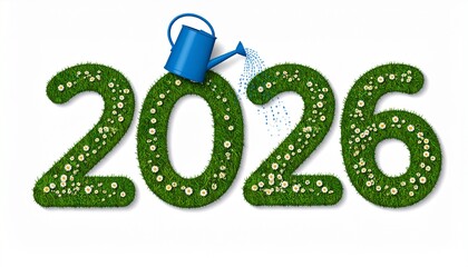Green 2026 year with watering can and flowers symbolizing growth