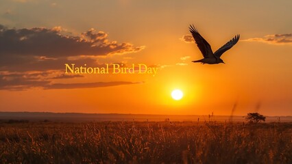 A bird soars through the vibrant orange sky on National Bird Day at sunset