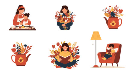 Fototapeta premium Cozy collection of illustrations showing women and children enjoying autumn activities like baking, reading, and holding bouquets.