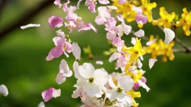 Renewing Swirl petal swirl spring Fresh, colorful spring petals (e.g., dogwood, magnolia) caught in an updraft, forming a gentle,