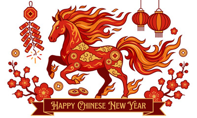 A fire horse with flowing mane and tail, surrounded by lanterns, flowers, and decorations, conveying a festive Chinese New Year atmosphere with warm, bold colors.