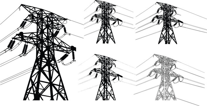 High voltage power transmission tower illustration set, electrical grid infrastructure artwork, industrial energy line structures, utility pylon engineering design collection
