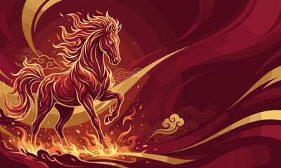 A Fire Horse in motion with flames and golden accents on a red background for Chinese New Year concept.