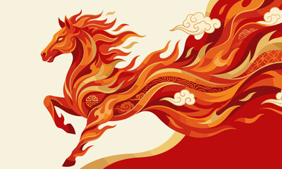 Fire Horse in motion, symbolizing the Chinese New Year, with flowing mane and tail, against a warm beige background with fiery red and orange hues.