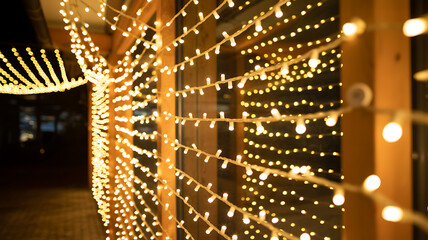 Festive Lights Adorning Wooden Columns at Night in a Decorative Display