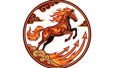 A fire horse in mid-gallop within a circular frame, surrounded by flames and clouds, symbolizing the Chinese New Year Fire Horse concept with vibrant orange and red hues.