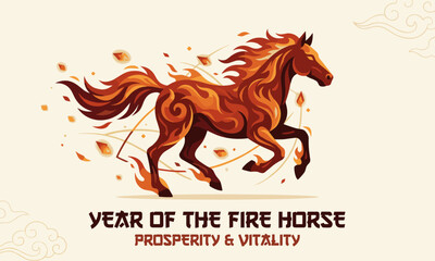 A fire horse running with flames and sparks, symbolizing prosperity and vitality for the Chinese New Year of the Fire Horse concept.