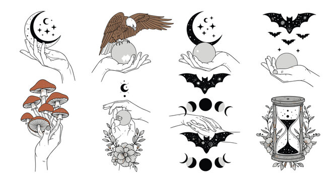 Esoteric collection of mystical illustrations featuring hands holding crystal balls, moons, mushrooms, and other magical symbols.