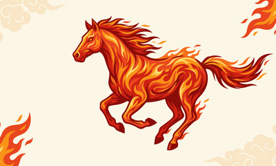 A running fire horse with flames on its body and in the background for Chinese New Year concept.