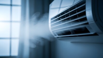 Cool Comfort: A close-up shot of an air conditioning unit releasing a cool, refreshing stream of air into a room, inviting a sense of respite from the heat, with soft curtains in the background.