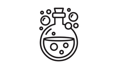 Round Science Flask with Bubbles and Stopper Line Art Icon for Chemistry Experiments and Laboratory Research