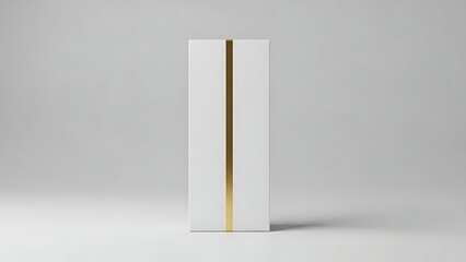 White rectangular box with gold stripe on gray background