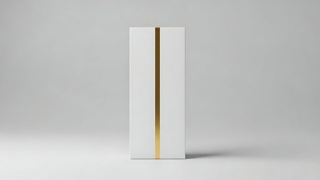 White rectangular box with gold stripe on gray background