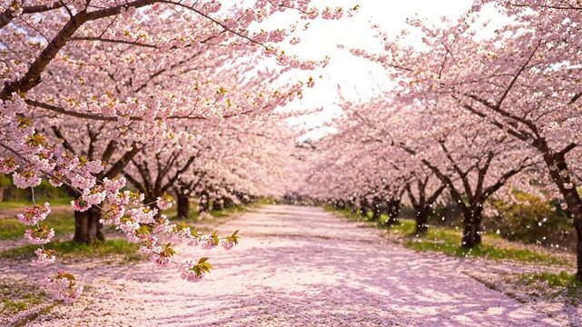 Cherry Blossom Alley/Path spring A wide shot looking down a serene pathway or alley lined with fully bloomed cherry blossom trees,