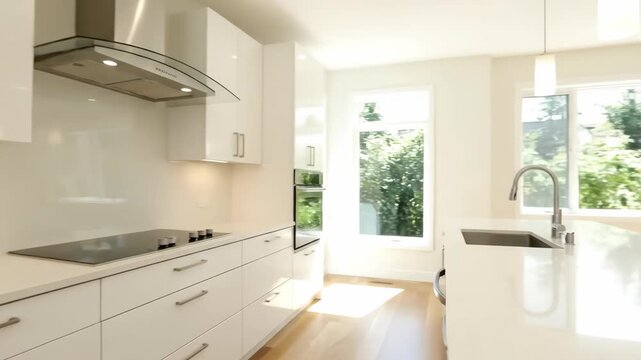 A modern kitchen showcases white cabinets, a sleek countertop, and stainless steel appliances. A window lets in natural light