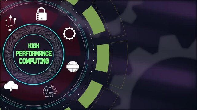 High performance computing motion graphics with digital data icons, ideal for supercomputer research and server farm presentations.