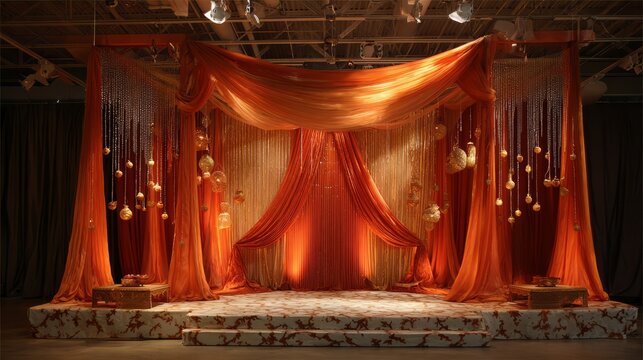 Traditional indian wedding mandap decorated with orange drapes