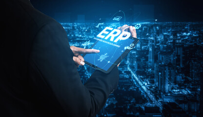 ERP platform visual showing centralized system for enterprise resource planning, improving integration, data flow, business efficiency, finance, inventory, and human resources. Spline