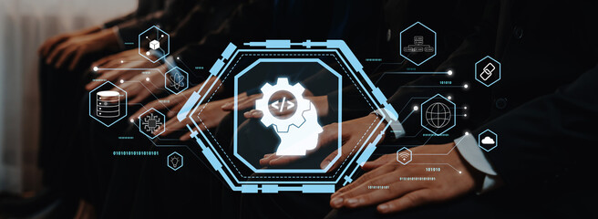 Business professionals showcase technology concepts through hands-on engagement, highlighting coding, data management, and innovative collaboration in a corporate setting. Trope