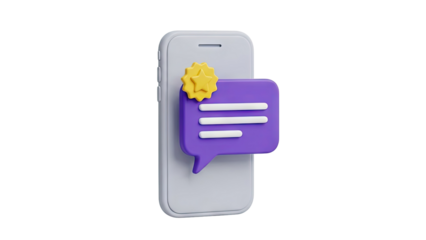 3D Smartphone with a purple notification bubble and star badge on transparent background