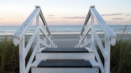 Serene Beach Scene with Wooden Stairway Leading to Ocean at Dusk