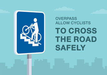 Safe driving tips and traffic regulation rules. Close-up of european "cyclist overpass" sign meaning. Overpass allow cyclists to cross the road safely. Flat vector illustration template.