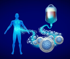 Donating Stem Cells as Human regenerative therapy donating stem cell concept as Medicine and Mesenchymal Stem-Cells injected with an IV or intravenous for joint pain organ regeneration to heal wounds.