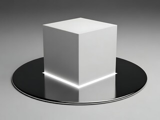 Shiny white cube on black circular platform with gray gradient background