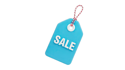 3D Blue Sale Tag with Red and White String on transparent background