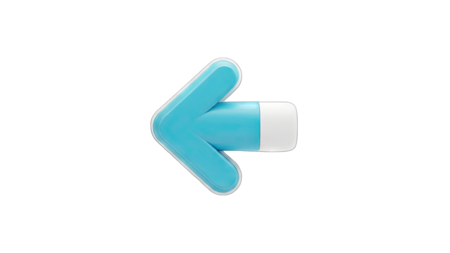 3D Blue arrow pointing left with white tip on transparent background - Powered by Adobe