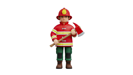 3D Cartoon Firefighter Holding an Axe on transparent background