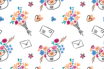 Flat cartoon vector illustration of floral pattern with bouquets and basket flowers, postcards, envelopes and hearts, romantic gift theme, seamless design for stationery, greetings and decor projects