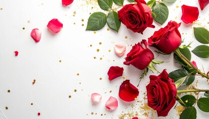Red roses with petals and gold confetti on white background