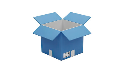3D Open blue cardboard box with shipping symbols on transparent background